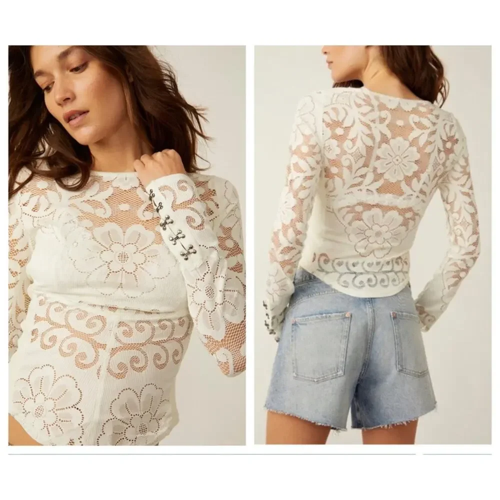 Free People Wild Roses Lace Top Long Sleeve Pastry Cream Size Medium NWOT